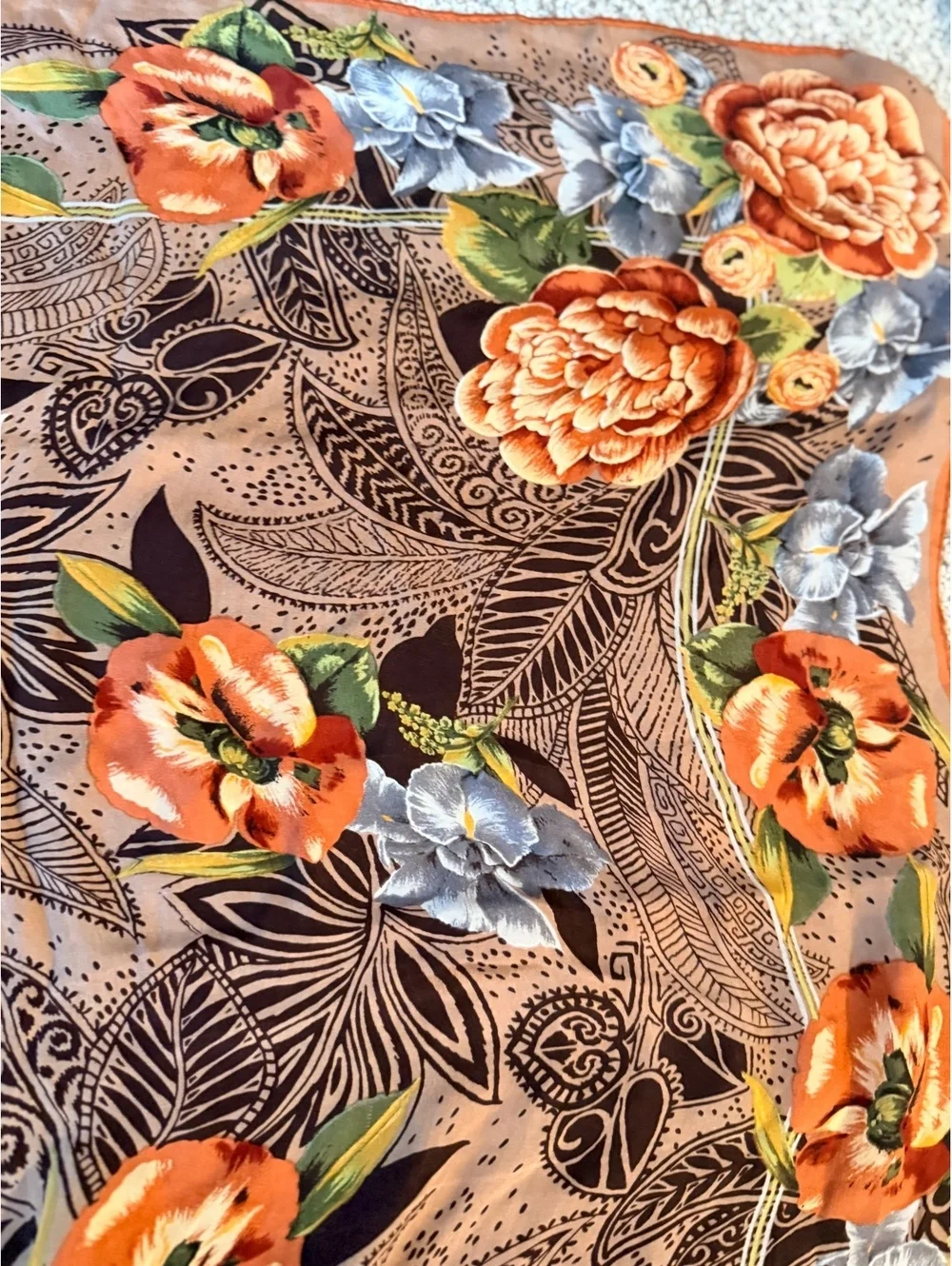Oscar de la Renta Floral Silk Scarf with Orange and Gray Flowers